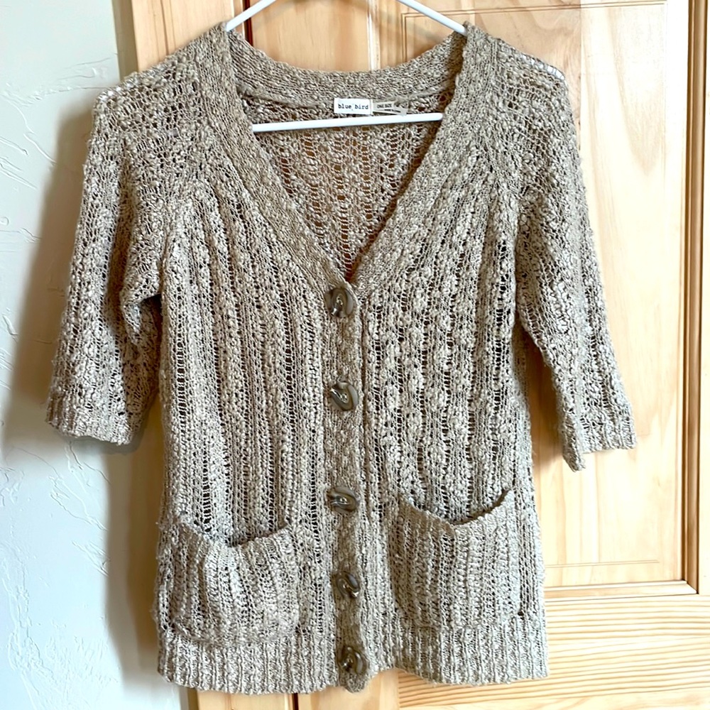 Blue bird tan cardigan. One size.